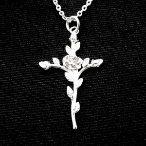Sterling Silver Rose Vine Cross Necklace